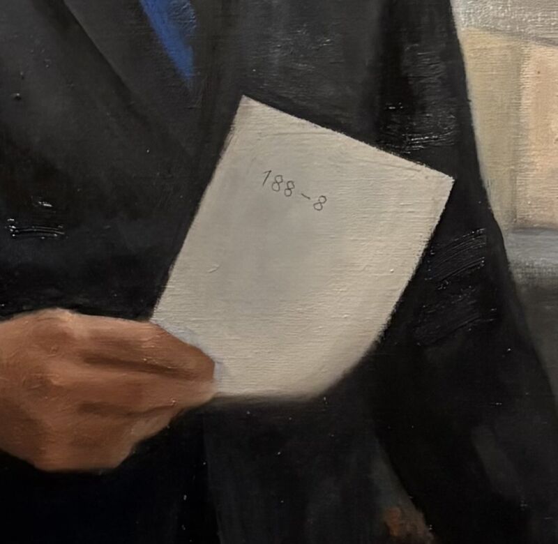 Image for the Tweet beginning: 【フィンランドのトリビア④】
フィンランドの元首相で国会議長も務めたマッティ・ヴァンハネン氏の議長肖像画、
彼が持っている紙の裏には１８８ー８の数字が書かれています。

この数字はフィンランドがNATO加盟を決めた時の議会の賛成、反対の数。
肖像画に載せるところ、議長としての思いが。 