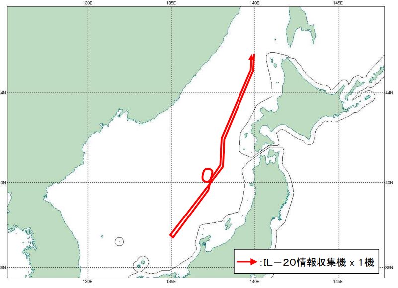 Image for the Tweet beginning: 令和８年８月２１日（金）午前から午後にかけて、ロシアの情報収集機（I L-20）×１機が、大陸方面から飛来し、日本海上空を石川県沖まで飛行後、 反転し、大陸方面へ飛行したことを確認しました。 これに対して航空自衛隊の北部航空方面隊等の戦闘機を緊急発進させ対応し ました。